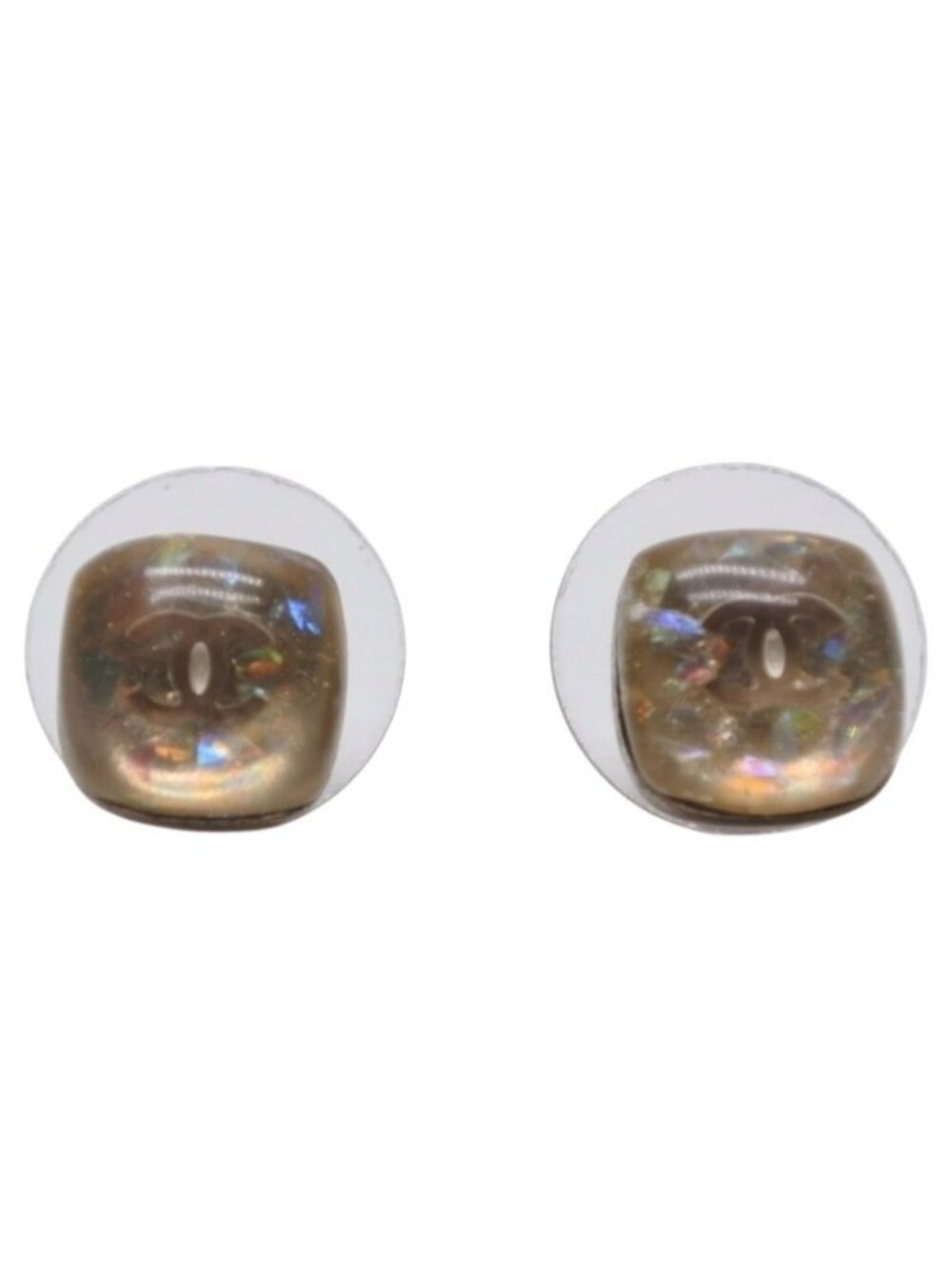 Chanel Earrings CC Logo Button Clear Glitter Silver Mini